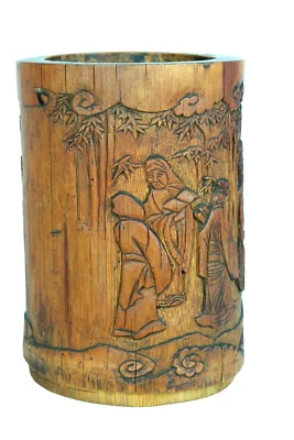 Ancien porte pinceaux Chine 19ème Bambou sculpté signé Bitong Crayon écriture - Photo 1/4
