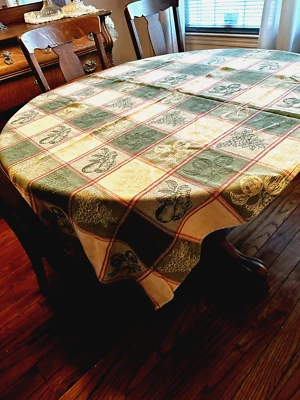 Vtg Green & Gold Tablecloth Cotton Fruit Blocks Rectangular 46x 60 QuikShip Read - Image 1 of 4