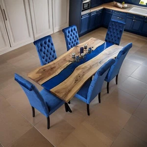 Blue Epoxy Resin Dining Table Top Custom Made Wood Live Edge Furniture Home Deco - Picture 1 of 9