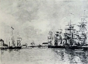 LE PORT de FÉCAMP et VILLAGE sur les DUNES - Gravure d'Art 19e (BOUDIN & COROT) - Bild 1 von 3