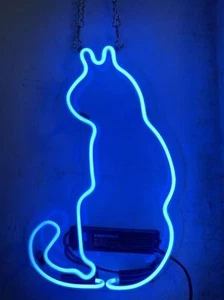 Blue Cat Back Neon Sign Light Man Cave Wall Hanging Handmade Real Glass Gift 14" - Picture 1 of 2