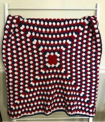 CROCHET GRANNY SQUARE blanket afghan wrap throw baby handmade PATRIOTIC USA 36" - Image 1 of 3