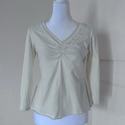 Nine West Ivory Beaded V-neck Ruched Babydoll Y2k Long Sleeve Top Size M Event - Image 1 of 4
