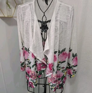inc international concepts Ladies M Semi Sheer White Pink Floral Open Cardigan - Picture 1 of 5