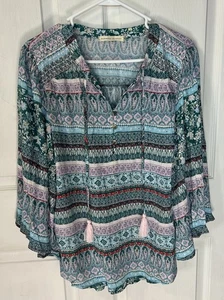 Blusa Farmers Market para mujer boho borla corbata ojo de cerradura estampado mixto talla mediana - Imagen 1 de 7