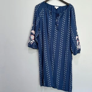 J Jill XL Blue Embroidered Floral Cotton Blend Peasant Dress India - Picture 1 of 8