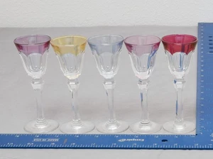 (5) Cut-to-Clear Crystal Cordial Glasses Multi Color Paneled Bowl Faceted Stem - Picture 1 of 5