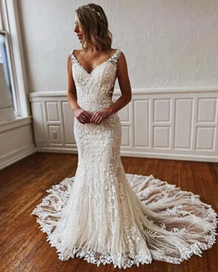 Elegant Mermaid Wedding Dresses V-Neck Sleeveless Lace Appliques Bridal Gowns - Picture 1 of 12