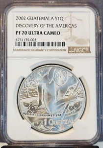 2002 GUATEMALA SILVER 1 QUETZAL DISCOVERY OF THE AMERICAS NGC PF 70 ULTRA CAMEO - Picture 1 of 3