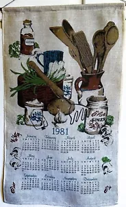 Vtg 1981 Salt Glazed Pottery Crocks Hanging Linen Wall Calendar Cloth Tea Towel - Picture 1 of 4