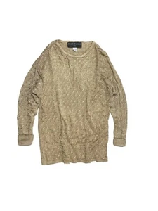 Vintage 80s Womens Sweater in Metallic Golden Wheat Sz M Cable Knit Coated Loose - Picture 1 of 6