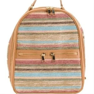 NEW NWT TOMMY BAHAMA Straw-Striped Backpack MULTI COLOR Brown Pink Zip Around - Picture 1 of 7