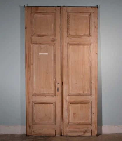 *101" X 56" Pair of French/Belgian Antique 3 Panel Stripped, Sanded Wood Doors Cover