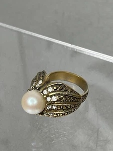 Vintage Faux Pearl & Rhinestone Accented Gold Tone Statement Ring-Adjustable - Picture 1 of 5