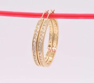 3mm x 33mm Shiny Hoop Earrings Real 14K Yellow Gold-Plated Silver 925 - Picture 1 of 7