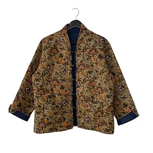 Vintage Floral Print Indian Quilted Bohemian Kantha Jacket Size L Brown - Picture 1 of 8