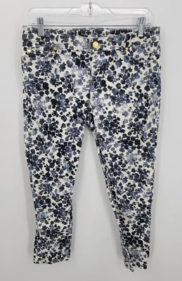 Pantalones Michael Kors Mujer 8 Azul Blanco Floral Recortado Elástico Denim Artístico Foto 1 de 4