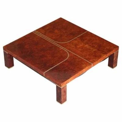 LARGE CONTEMPORARY ART MODERN BURR WALNUT, BRASS INALY COFFEE COCKTAIL TABLE - Image 1 of 4