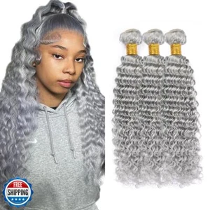 30 32 34 inch Pure Grey Bundles Human Hair Grey Bundles Silver Deep Wave Bund - Picture 1 of 5