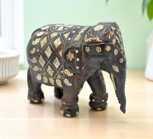 Antique Wooden Elephant Figurine Original Old Hand Carved Fine Inlay Work - Picture 1 of 7
