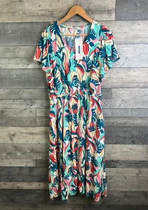 Damart Midi Dress Size UK 14 16 Green Tropical Pattern Print Shirt Button Up - Picture 1 of 13