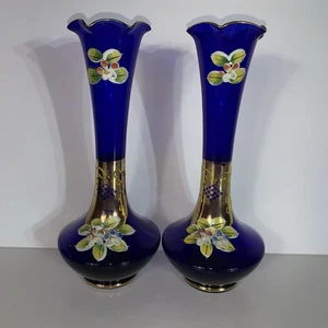 Vintage Kobaltblau Gold Handbemalt Floral Böhmische Glas Knospe Vase 8" - Bild 1 von 7