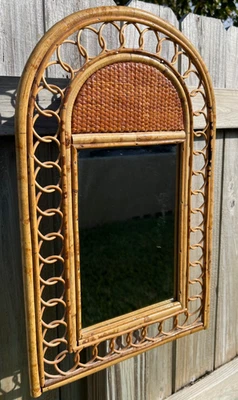 VTG. FRASNCO ALBINI 'STYLE' BAMBOO RATTAN ARCH MIRROR HOLLYWOOD REGENCY MCM 22" - Image 1 of 4