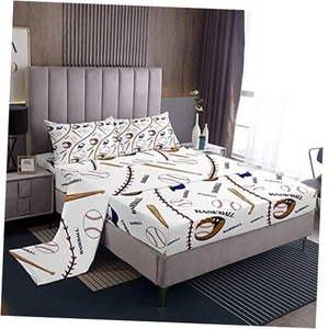 Sports Baseball Bed Sheet Set Baseball Bat and Gloves Hat Decor Bedding Sheets - Picture 1 of 7