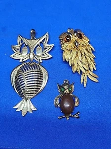 LOT 3 Owl Pendants Articulated Goldtone Bird Costume Jewelry Alan - Picture 1 of 9