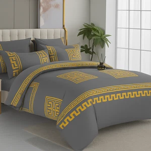 Greek Key Design Grey Gold Luxury 4pc Bedding Set Double Size Duvet Pillowcase - Picture 1 of 1