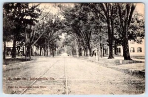 Postal antigua de Jacksonville Illinois de la década de 1910 con pistas de tranvía de la calle estatal - Imagen 1 de 2