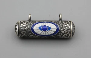 925K Silver Amulet Cylinder Taweez Holder Men Prayer Box Pendant Evil Eye Enamel - Picture 1 of 10