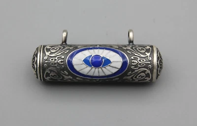925K Silver Amulet Cylinder Taweez Holder Men Prayer Box Pendant Evil Eye Enamel - Image 1 of 4