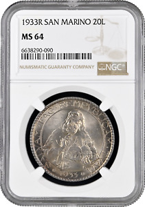 San Marino 20 lire 1933 R, NGC MS64, "Republic of San Marino (1864 - 1938)"