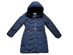 Michael Kors Hood Packable Down Puffer Coat Jacket Sz Medium Navy Blue Belt NEW - Picture 1 of 7