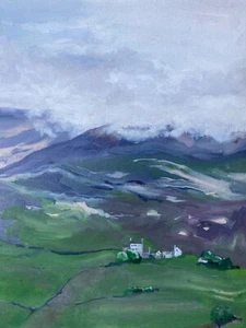Simon Ransome Original Vintage Ölgemälde, Häuser zwischen Bergen Landschaft - Bild 1 von 9