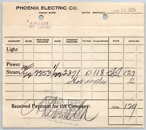 Butte, MT Phoenix Electric Co.- Leys Jewelry 1925 "Steam" Billhead $129 - Picture 1 of 2