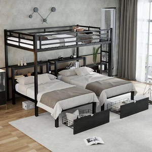 Full XL Over Twin & Twin Triple Metal Bunk Bed Frame w/Storage Shelf and Drawers - Picture 1 of 19