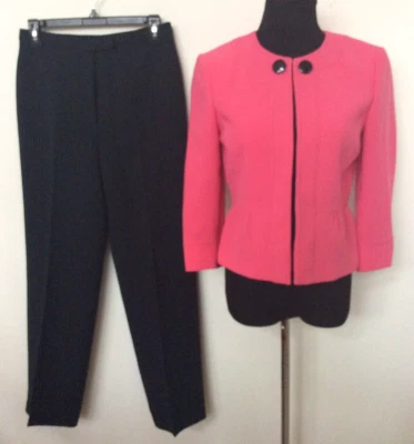 Terno calça Tahari feminino carreira rosa preto 100% poliéster 2 peças tamanho 4 novo sem etiquetas - Imagem 1 de 4