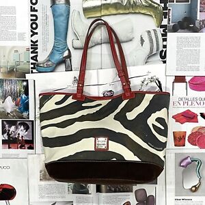 Dooney & Bourke zebra printed & red authentic canvas leather + suede tote bag