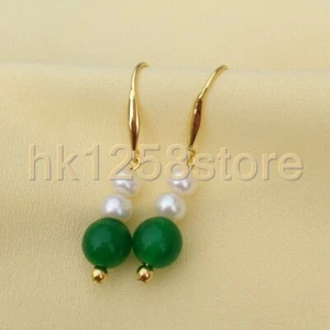 Genuine Green Akoya White Pearl Jade Drop Dangle Earrings 14k Yellow Gold P - Picture 1 of 5