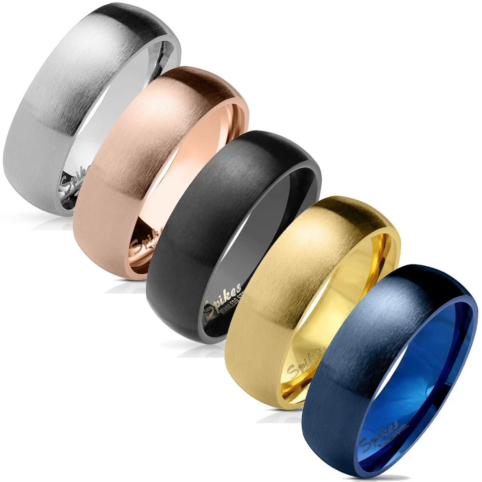 Stainless Steel Domed Brushed Wedding Band Ring Silver-Blue-Black-Gold Plated - Image 1 of 1
