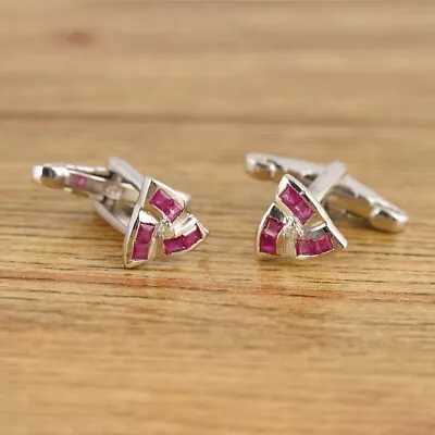 925 Sterling Silver Square Cut Natural Ruby Men's Cufflinks - Image 1 of 3