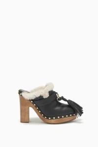ULLA JOHNSON Vera black leather shearling tassels clogs mules size 40 - Picture 1 of 10