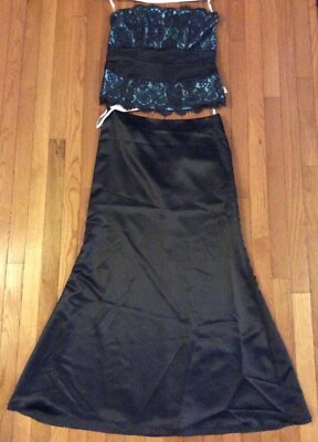 Top de encaje Mackenzie Michaels sin tirantes 2 piezas marrón y verde azulado largo completo talla 10 Foto 1 de 4