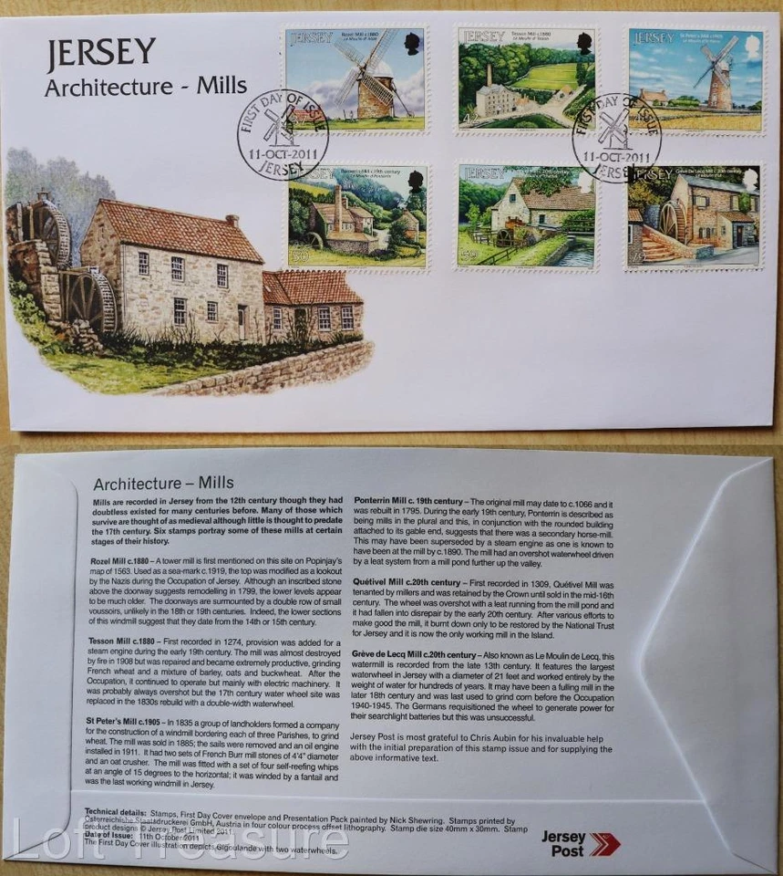 Jersey Stamps: "Jersey Architecture - Mills" First Day Cover 2011 - Image 1 of 3