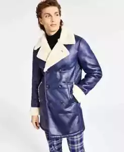INC International Concepts Men's Faux-Fur-Trim Faux-Leather Coat Navy Bud Size M - Picture 1 of 4