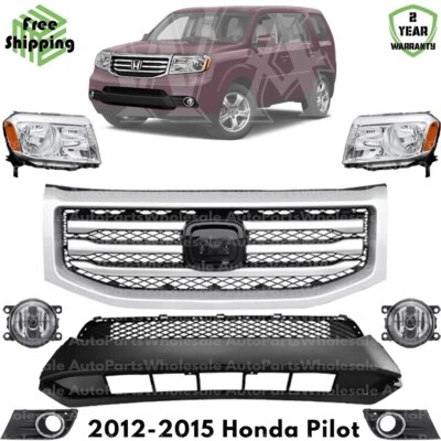 Front Grille Assembly Chrome & Headlight Assembly Kit For 2012-2015 Honda Pilot Foto 1 de 4