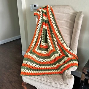 Vintage Granny Square Crocheted Afghan Throw Blanket Orange Retro Rosanne - Picture 1 of 4