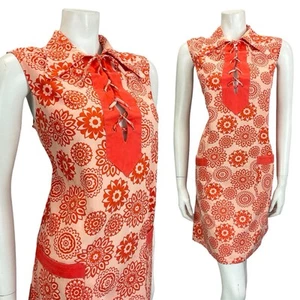 VTG 60S 70S RED MANDALA FLOWER LACE UP DOG EAR COLLAR HIPPY TENT SMOCK DRESS 16 - Picture 1 of 10